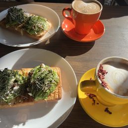Avocado toast x2, rose petal latte, chai latte Avocado toast x2, rose petal latte, chai latte