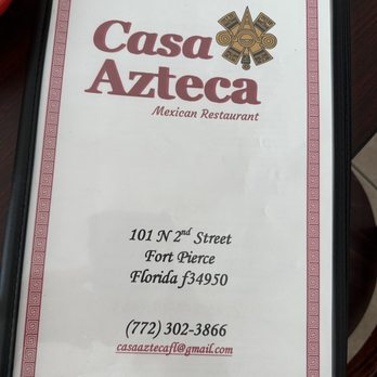 Casa Azteca Mexican Restaurant - Menu cover - Mexican Near Me - Fort Pierce, Florida