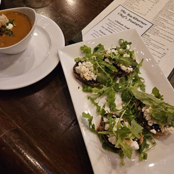 The Back Burner - Pumpkin Mushroom Soup .Goat Cheese Toast- toasted baguette roast garlic cream spread, goat cheese, arugula, truffle honey drizzle - New American Near Me - Hockessin, Delaware The Back Burner - Pumpkin Mushroom Soup .Goat Cheese Toast- toasted baguette roast garlic cream spread, goat cheese, arugula, truffle honey drizzle - New American Near Me - Hockessin, Delaware