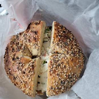 The Brothers Bagels - Everything bagel with scallion and bacon cream cheese - Delis Near Me - Brooklyn, New York The Brothers Bagels - Everything bagel with scallion and bacon cream cheese - Delis Near Me - Brooklyn, New York
