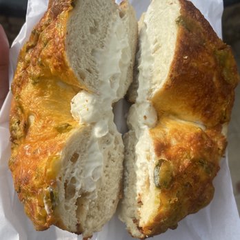 East Coast Bagel - Jalapeños Cheese Bagel w/ Cream Cheese - Bagels Near Me - Riverside, California East Coast Bagel - Jalapeños Cheese Bagel w/ Cream Cheese - Bagels Near Me - Riverside, California