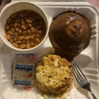 Alice's A Family Restaurant - 8 oz. Broiled Crab Cake, baked beans & mash potatoes with brown gravy. - American Near Me - Middle River, Maryland Alice's A Family Restaurant - 8 oz. Broiled Crab Cake, baked beans & mash potatoes with brown gravy. - American Near Me - Middle River, Maryland