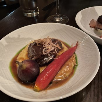 Deuxave - Veal cheek appetizer - super tender veal. Fig was uncooked and not very ripe - New American Near Me - Boston, Massachusetts Deuxave - Veal cheek appetizer - super tender veal. Fig was uncooked and not very ripe - New American Near Me - Boston, Massachusetts