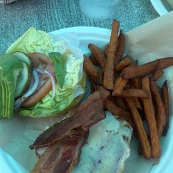 Shephard's Tiki Beach Bar - Mojo grilled chicken sandwich and sweet potato fries