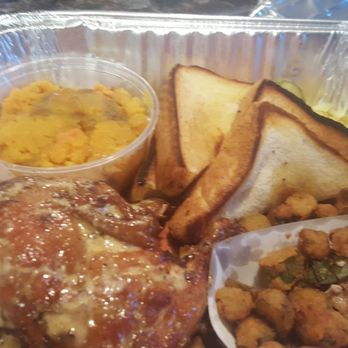 The Smoke Pit - Smoked Chicken quarters, fried okra, sweet potato casserole - Barbeque Near Me - Concord, North Carolina