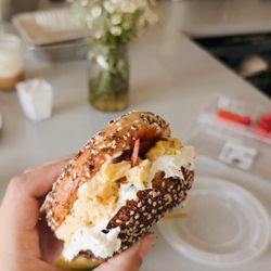 PopUp Bagels - Everything bagel made into a breakfast sandwich.