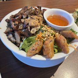 Grilled Pork with Egg Rolls Noodle Bowl - tasty