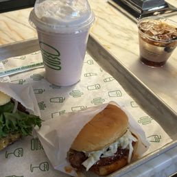 Hot chicken sandwich and strawberry shake