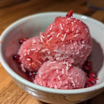 Yalda - Atlanta - Pomegranate Faloodeh dessert. $9. Lime and rose water granita with pomegranate-infused rice noodles. - Middle Eastern Near Me - Atlanta, Georgia