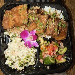 Pork Belly Adobo, macaroni, cucumber salad Pork Belly Adobo, macaroni, cucumber salad