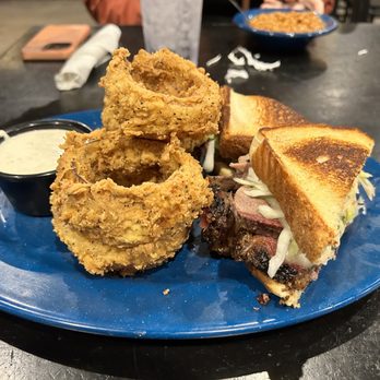 Mojo Old City BBQ - Bbq Ruben, side of onion rings - Barbeque Near Me - St. Augustine, Florida Mojo Old City BBQ - Bbq Ruben, side of onion rings - Barbeque Near Me - St. Augustine, Florida