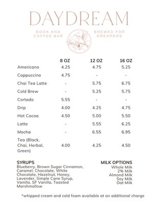 Menu photo 2 Daydream Book & Coffee Bar Arlington, TX Menu photo 2 Daydream Book & Coffee Bar Arlington, TX