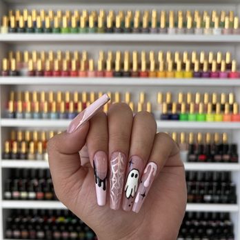 The Basic Nail Shoppe - Halloween pink long coffin set - Nail Salons Near Me - Pasadena, California