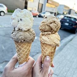 Double scoop on a waffle cone, coffee and salted caramel, whiskey hazelnut and london fog