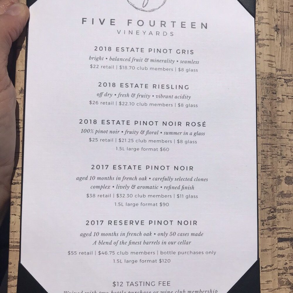 Five Fourteen Vineyards - the menu for the tasting - Wine Tasting Room Near Me - Junction City, Oregon Five Fourteen Vineyards - the menu for the tasting - Wine Tasting Room Near Me - Junction City, Oregon