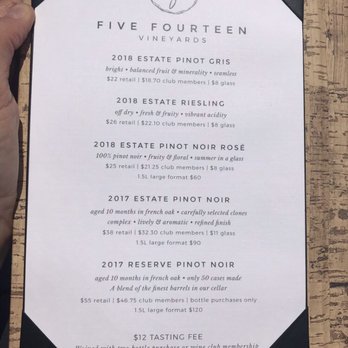 Five Fourteen Vineyards - the menu for the tasting - Wine Tasting Room Near Me - Junction City, Oregon Five Fourteen Vineyards - the menu for the tasting - Wine Tasting Room Near Me - Junction City, Oregon