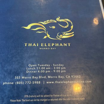 Thai Elephant Morro Bay - Front of the menu - Thai Near Me - Morro Bay, California