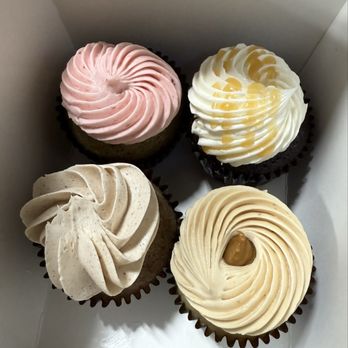 Angelicakes - Top left, clockwise: Strawberry Matcha, Caramel by the Sea Chocolate, Cookie Butter, and Churro - Cupcakes Near Me - San Jose, California