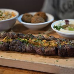 Mixed grill, rice, falafel, hummus