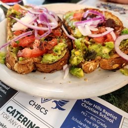 Avocado toast with bacon and red onion. This was a hit!