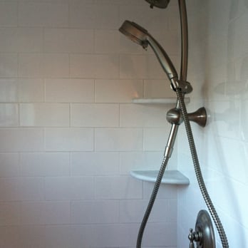 Lucien St.Cyr - Custom Tile Installations - Shower - 4" x 8" ceramic tile with marble corner shelves - Tiling Near Me Lucien St.Cyr - Custom Tile Installations - Shower - 4" x 8" ceramic tile with marble corner shelves - Tiling Near Me
