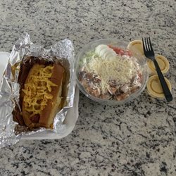 Lettuce Be Frank - Chili cheese onion dog and custom salad