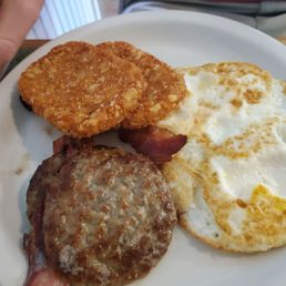 Country Breakfast (didn't get photo of the pancake). The hash brown patties are a new add. Super yummy!