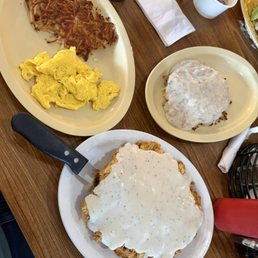 Half chicken fried steak, scrambled eggs, 2 hash-browns and gravy (not pictured but upgraded to biscuits and gravy instead of toast).