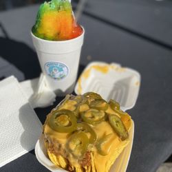 Sneaux Icy Snowballs - Snowball and Chili cheese nachos with peppers