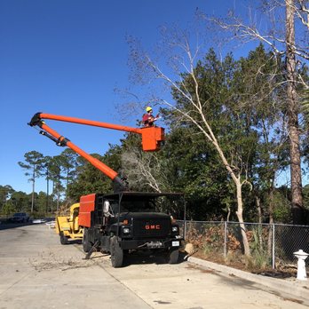 Land Clearing - Crooked Creek Land Development - a man on a cherry picker - General Contractors Near Me - Carrabelle, Florida Land Clearing - Crooked Creek Land Development - a man on a cherry picker - General Contractors Near Me - Carrabelle, Florida