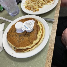 Chocolate Chip Pancakes and a side of Hash Browns