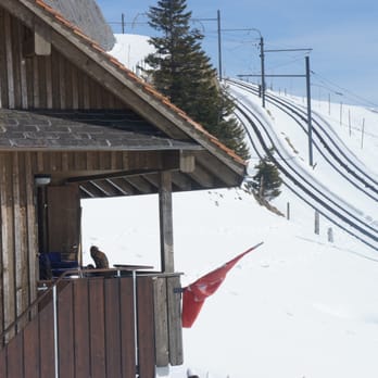 Alpine Inn Kessiboden - outside view with cat and cog railway - Swiss Food Near Me - Goldau, SZ