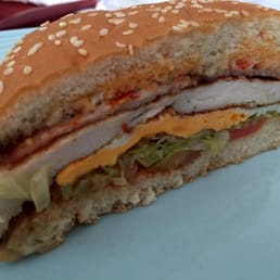 Portuguese chicken burger with egg & bacon