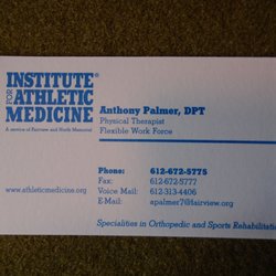 Institute For Athletic Medicine-Elk River - Anthony's business card with all of the contact info for the Institute.
