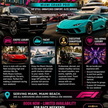 Exotic Transportation Group - Formula 1 Miami VIP Luxury Experience
Turn race weekend into a full luxury experience. - Car Rental Near Me - Sunny Isles Beach, Florida Exotic Transportation Group - Formula 1 Miami VIP Luxury Experience
Turn race weekend into a full luxury experience. - Car Rental Near Me - Sunny Isles Beach, Florida