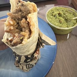 Steam Burrito Mexicano and Large Guacamole and Chips