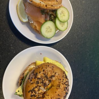 Slowpokes - Smoked salmon bagel (left) & breakfast bagel (right) - Cafes Near Me - Houston, Texas Slowpokes - Smoked salmon bagel (left) & breakfast bagel (right) - Cafes Near Me - Houston, Texas