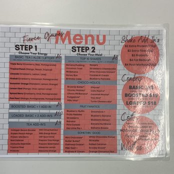 FIERCE GAINES NUTRITION - a menu for a restaurant - Juice Bars & Smoothies Near Me - ARLINGTON, Texas FIERCE GAINES NUTRITION - a menu for a restaurant - Juice Bars & Smoothies Near Me - ARLINGTON, Texas
