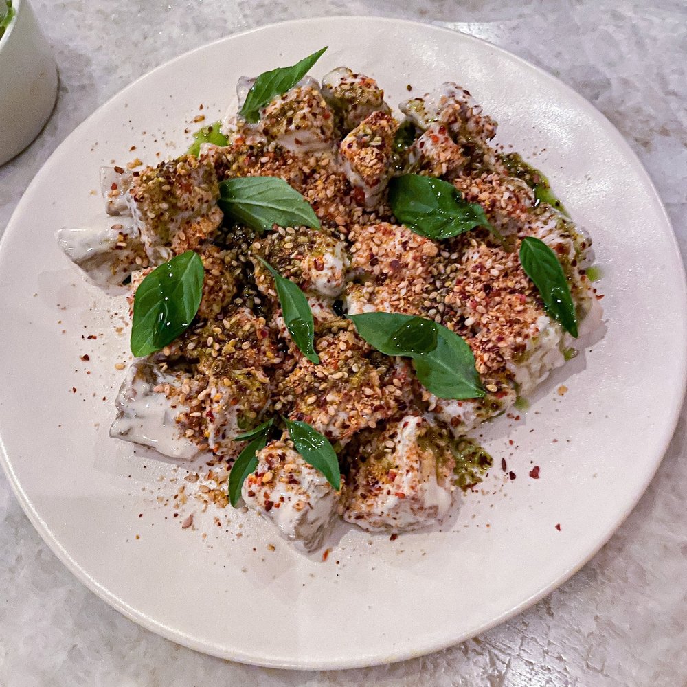 Este - EGGPLANT ($12) tahini, sesame crunch, basil - Seafood Near Me - Austin, Texas