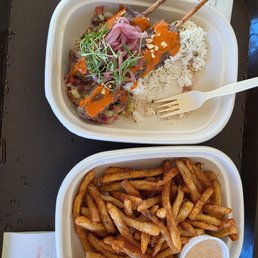 Beef kabobs and fries from Mkutano food place in Elephant valley