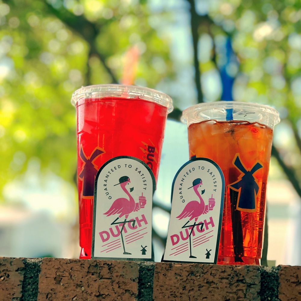 Dutch Bros Coffee - L: green tea with sugar free strawberry R: sugar free rebel with sugar free raspberry - Coffee & Tea Near Me - Mesa, Arizona