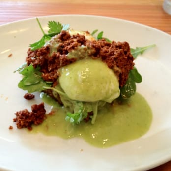La Condesa - Chilangos, wild boar chorizo, poached eggs, quinoa croquette, arugula, salsa verde - Mexican Near Me - Austin, Texas La Condesa - Chilangos, wild boar chorizo, poached eggs, quinoa croquette, arugula, salsa verde - Mexican Near Me - Austin, Texas