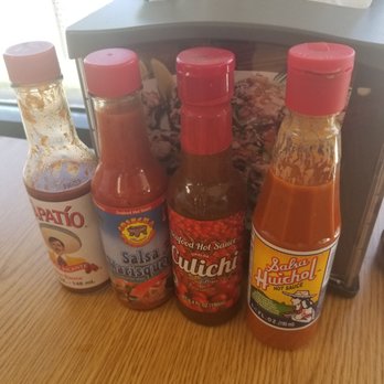 Mariscos Nayarit - 4 different hot suaces, aside from their homemade red and green sauce. - Mexican Near Me - Lake Elsinore, California Mariscos Nayarit - 4 different hot suaces, aside from their homemade red and green sauce. - Mexican Near Me - Lake Elsinore, California