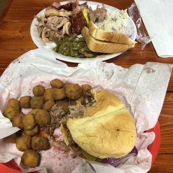 Smoke'N Ash BBQ - 1) Pulled Pork Sandwich with fried okra 2) 3 Meats Plate with sausage, brisket, pork with 2 sides: potato salad and green beans. - Barbeque Near Me - Arlington, Texas Smoke'N Ash BBQ - 1) Pulled Pork Sandwich with fried okra 2) 3 Meats Plate with sausage, brisket, pork with 2 sides: potato salad and green beans. - Barbeque Near Me - Arlington, Texas