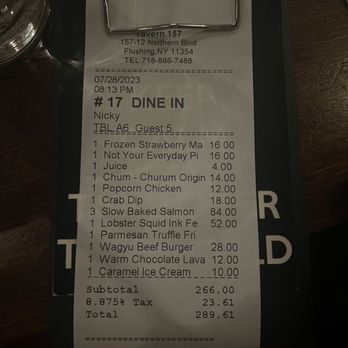 Tavern 157 - Bill. - A printed restaurant receipt from Tavern 157 in Flushing, NY, listing food and beverage items, prices, and total amount. - Lounges Near Me - Flushing, New York