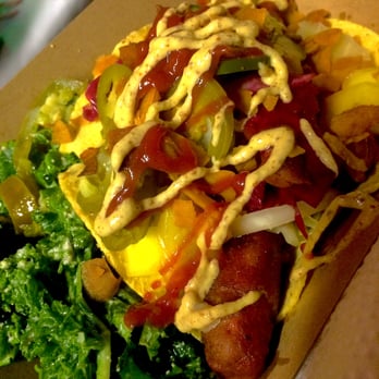 Vegan Shop Up - Yeah Dawg: Loaded Dawg on GF corn tortilla with a side of kale salad! Seriously, so amazing! - Vegan Near Me - Brooklyn, New York Vegan Shop Up - Yeah Dawg: Loaded Dawg on GF corn tortilla with a side of kale salad! Seriously, so amazing! - Vegan Near Me - Brooklyn, New York