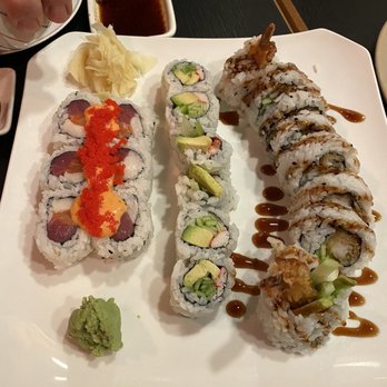 Yellowtail Japanese Bistro - Tempura Shrimp Sushi, California Roll, and Triple Roll. - Sushi Bars Near Me - Fairfield, New Jersey Yellowtail Japanese Bistro - Tempura Shrimp Sushi, California Roll, and Triple Roll. - Sushi Bars Near Me - Fairfield, New Jersey