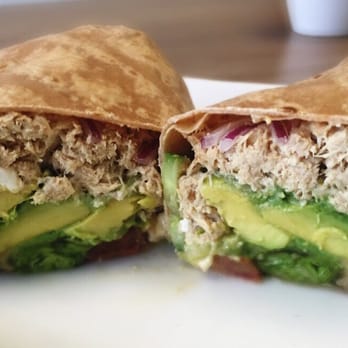 Cafe 160 - American Tuna Wrap - stuffed w/ tuna, avocado, tomato, cucumber, onion, feta and dressing - tasty and plenty to share! - Breakfast & Brunch Near Me - San Diego, California