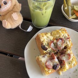 Matcha Latte and  Egg, Bacon & Sausage Toast