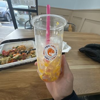 Poki Poki Boba & Brewski - Mango Passionfruit Black Fruit Tea w/ regular and lychee popping boba - Poke Near Me - Carlsbad, California Poki Poki Boba & Brewski - Mango Passionfruit Black Fruit Tea w/ regular and lychee popping boba - Poke Near Me - Carlsbad, California